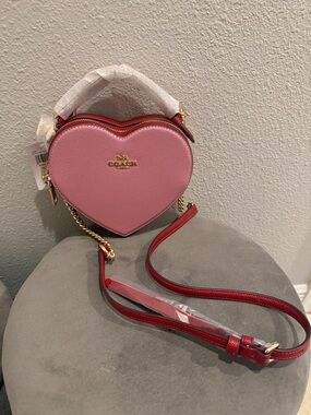 Coach Pink Heart Crossbody with Red Trim and Gold Chain